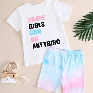Toddler Girls Slogan Graphic Tee & Tie Dye Shorts Kids Suit Summer Baby Girl Baby Crew Neck Shirt 2pcs/set - Product Image 1