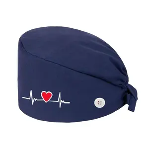 Cotton Working Cap with Button and Sweatband Adjustable Heartbeat Bouffant Hats Women Men Nurse Scrub Caps Hospital Uniforms