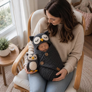 Saco de dormir de ganchillo para bebé con diseño de búho, conjunto de ropa de punto para bebé con diseño de animales, arrullo acogedor para recién nacido, accesorio para fotografía - Product Image 1