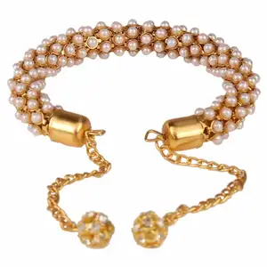 Gold Plated Crystal Rhinestone Pearl Kada Bracelet for Party