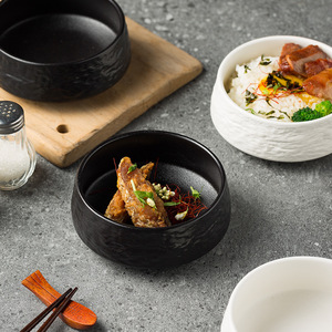 Stone Rice <b>Bowling</b> White Black Round Shaped Ceramic High-End Restaurant Salad - Product Image 5