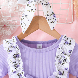 Robe à manches volantées avec nœud pour petites filles, ensemble deux pièces à motif floral mignon et patchwork, avec foulard, vêtements décontractés pour bébé fille - Product Image 3