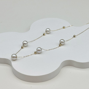 Zhuji 5-6mm Round Akoya Sea Water <b>Pearl</b> <b>Necklace</b> Starry Sky 18K <b>Gold</b> Tint Millet Beads - Product Image 1