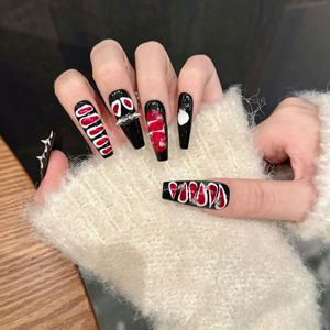 Uñas Postizas Estilo Ataúd, Rojas, Negras y Blancas, Hechas a Mano, Diseño Artístico 3D, ABS Brillante, 10 Piezas, Uñas Postizas Góticas <span class=keywords><strong>para</strong></span> Mujer - Product Image 3