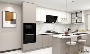 Juego de armario de cocina modular moderno de lujo, mesa de piedra de cuarzo de madera maciza personalizada, muebles de comedor de isla para Villa - Product Image 3