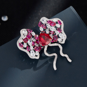 Micro Set Zircon <b>Bow</b> Brooch Rose <b>Red</b> Corsage Women's Party Accessory Zinc Alloy XC07013 - Product Image 1