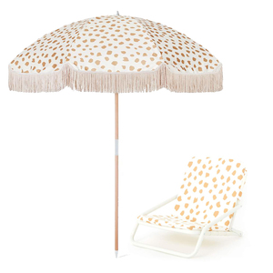 Conjunto de Silla de <span class=keywords><strong>Playa</strong></span> Acolchada de Lujo y Sombrilla, Tumbona Plegable de Aluminio con Cojín Grueso y Sombrilla con Flecos a Juego - Product Image 1