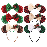 Aksesoris Rambut Seri Natal Terlaris, Headband Telinga Tikus Payet, Headband Pita Kotak-kotak untuk Wanita dan Gadis, Pesta Natal