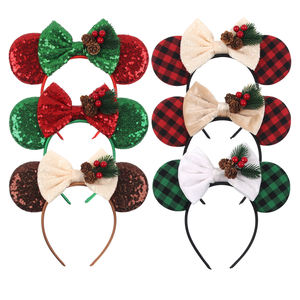 Accessoires de cheveux de la série de Noël très vendus, bandeaux à sequins en forme d'oreilles de souris, bandeaux à nœud à carreaux pour femmes et filles, fête de Noël - Product Image 4
