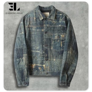 LARSUR Custom Factory 3D Full Dtg <span class=keywords><strong>Dgt</strong></span> Print Patchwork Applique Chaqueta de mezclilla Trompe L'oeil Loeil Graphic Digital Jean Jacket - Product Image 1