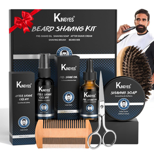 Kit de soin de la barbe KINGYES pour hommes, comprenant huile pré-rasage, savon à raser, crème après-rasage, peigne, ciseaux et brosse - Product Image 1