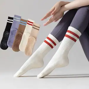 Customized Logo Anti Slip Crew Dance Yoga Socks For Women Plain Striped Pilates Grip Socks
