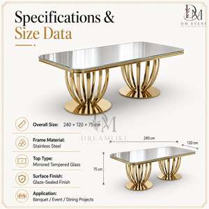 Mesa de Banquete Rectangular de Acero Inoxidable de Alta Gama con Cubierta de Vidrio y Base de Pedestal Doble para Eventos - Product Image 5