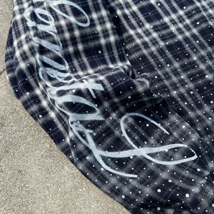 Camiseta Vintage Estampada a Cuadros con Botones, Camiseta Oversize con Pedrería y Lavado Ácido, 100% Algodón, Camisas de Manga Larga para Hombre Tallas Grandes - Product Image 5