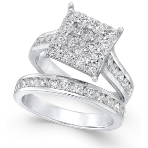 Anillo de compromiso con diamantes redondos para mujer, conjunto de anillo de oro blanco 10kt - Product Image 1