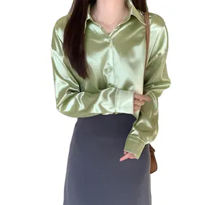 Vintage Loose Satin Blouse Women Long Sleeve Green Silk Shirt Fashion 2024 Casual Office Lady Oversized Blouses Tops