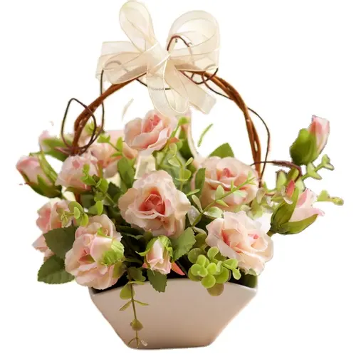 Portable handle flower basket with silk bowknot Artificial rose wedding flower