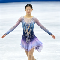Costume de patinage artistique bleu dégradé lavande, robe à manches longues avec dos en maille et strass pour filles et adultes, performance sur glace