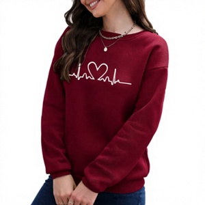 <b>Women's</b> <b>Burgundy</b> Crew Neck Sweatshirt Drop Shoulder Long Sleeve Heartbeat Print Casual Pullover Autumn <b>Top</b> - Product Image 1