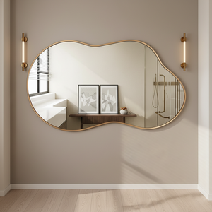 Miroir mural de salle de bain décoratif Lumina LM-003, cadre en métal doré moderne, 3 mm d'épaisseur, installation murale organique - Product Image 4