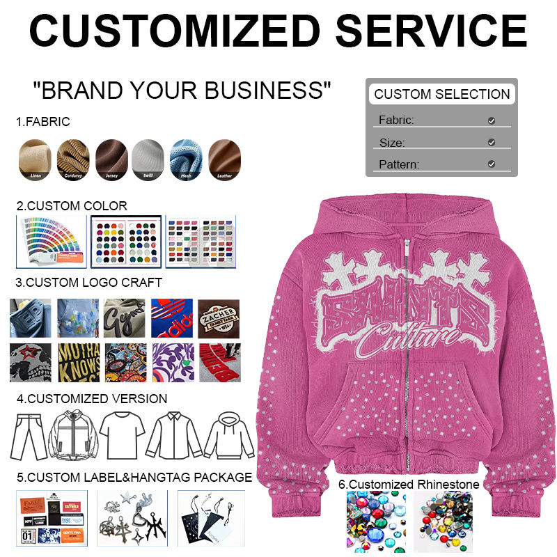 Custom Hoodies Jacket Zipper Gemstone Glitter Sun Faded Embroidery Vintage Distressed Acid Wash Diamond Rhinestone Hoodie