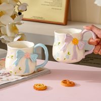 Mug en céramique de 500 ml grande capacité, peint à la main, avec nœud 3D, motif floral coloré, tasse à eau