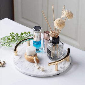 批发豪华现代圆形托盘25厘米直径，白色绿色灰色大理石，带金色手柄盘子和盘子 - Product Image 1