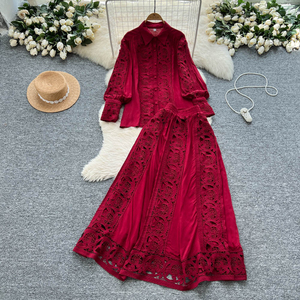 Set Blusa in <span class=keywords><strong>Pizzo</strong></span> e Gonna - Elegante Camicia a Maniche Lunghe + Gonna Midi a Vita Alta Svasata Completo da Donna - Product Image 1