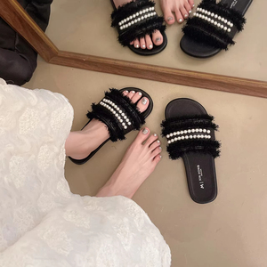 Women's Retro Pearl Flat Bottom Sandals Solid Color Casual Style Slip-On <b>Soft</b> Rubber Sole Comfortable Outdoor <b>Shoes</b> - Product Image 3