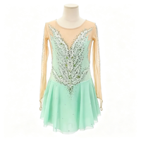 Robe de patinage vert menthe à col rond, manches longues en maille nude, ornée de feuilles en strass, pour enfants et adultes, compétition et performance
