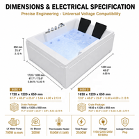 Baignoire de massage pour 2 personnes 1720/1820 mm en acrylique, double cuve avec appuie-tête en PU et douchette à main pour villa