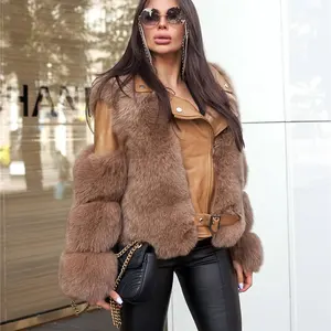 High Street Sheepskin Leather Jacket Motorcycle Women's Jacket Winter Real Fox Fur Coat