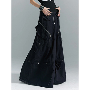 Customized High Quality Women <strong>Black</strong> Floor Length Zipper Details Multiple <strong>Pockets</strong> Cotton Women Cargo Maxi <strong>Skirt</strong> - Product Image 6