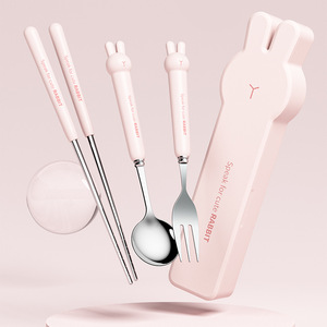 Joli ensemble de couverts pour enfants voyage mignon lapin baguettes cuillère et fourchette ensemble de couverts en acier inoxydable pour les enfants - Product Image 6