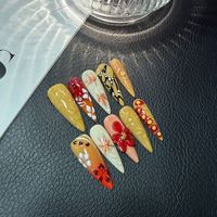 Faux Ongles Press-On Faits Main de Luxe, Longs Stiletto, 10 Pièces, Motif Feuille d'Érable Automne et Fleur 3D, Vente en Gros