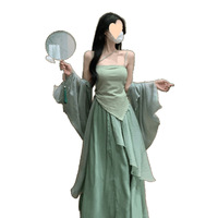 Vestido Hanfu de Estilo Chino Moderno para Mujer, Conjunto de Tres Piezas, Verde, Hombros Descubiertos, Largo hasta el Suelo, Cintura Imperio, Acrílico, Casual