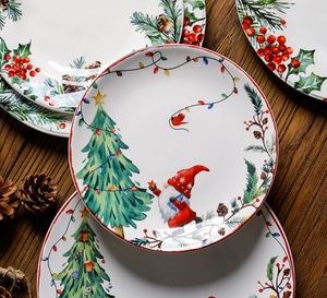 Customizable Christmas Tree Gnome Ceramic Dinner Plates, Hand-Painted Holly Berry Porcelain Platter, Wholesale Holiday Tableware - Product Image 1