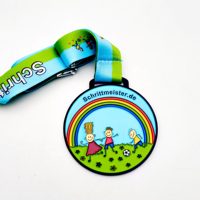 Médaille personnalisée en alliage de zinc émaillé souple, plaquée argent, pour enfants, motif arc-en-ciel coloré, dessin animé, récompense pour événements sportifs, impression UV