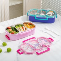 C143 Boîte à bento portable en acier inoxydable de qualité alimentaire pour enfants, 3 compartiments, avec couverts