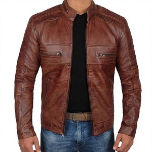 Veste de moto en cuir véritable marron pour homme, col montant, fermeture éclair, style motard - Product Image 1