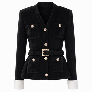 Cardigan da Donna OUDINA a Prezzo di Fabbrica, <span class=keywords><strong>Elegante</strong></span> Scollo a V in Velluto <span class=keywords><strong>Nero</strong></span> con Cintura e Bottoni in Strass - Product Image 1