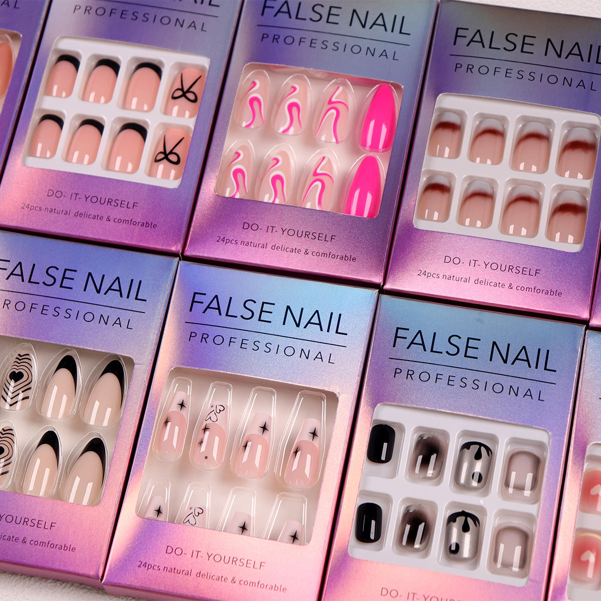 Wholesale Customized 24-Piece Acrylic Nails Laser-Etched Packaging ABS Long Tips Square Design Press-In Fittings for Fingers