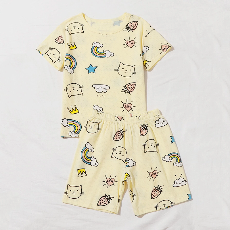 Детская Пижама с принтом, 100% хлопок, летняя одежда для сна с коротким рукавом, детский пижамный комплект
