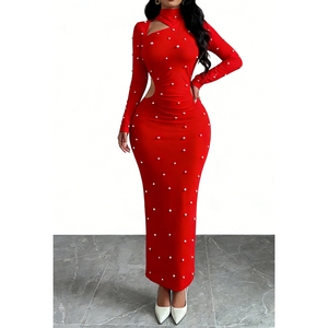 เดรสแม็กซี่ประดับมุกสำหรับผู้หญิงชุดเดรสยาวแขนยาวทรงบอดี้คอนสำหรับงานปาร์ตี้แฟชั่น - Product Image 4