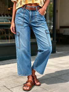 Jeans Cargo da Donna a Vita Alta con Tasche Multiple, Pantaloni in Denim Vintage Larghi e Dritti, Modello 8 Punti - Product Image 4