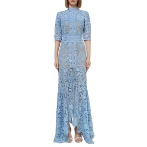 Небесно-голубое вязаное крючком платье Макси длиной легкое роскошное облегающее женское платье для вечеринок