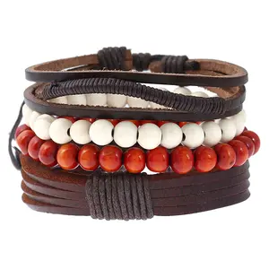 4 Pcs/Set Bracelet Gypsy Hippie Punk Wood Beads Wrap Leather Cord Layers Stackable Bracelets Bangle Set for Man