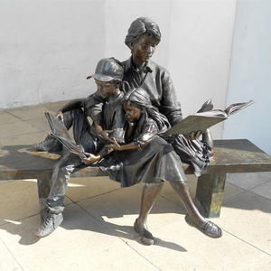 Patung Taman Perunggu Ukuran Asli Anak-anak dan Wanita Membaca Buku Duduk di Bangku - Product Image 2