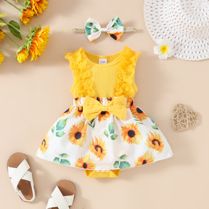Combinaison en tricot de coton sans manches pour bébé fille, avec dentelle, motif floral et nœud, pour 0-1 an, avec bandeau assorti - Product Image 3
