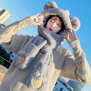 Ensemble bon marché de capuche et d'écharpe en peluche rose avec oreilles d'ours, accessoire pour temps froid - Product Image 4